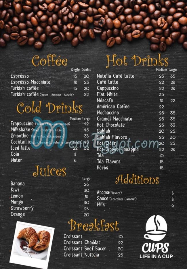 Menu delivery hotline Cups Coffee & Dessert منيو ورقم مطعم كابس