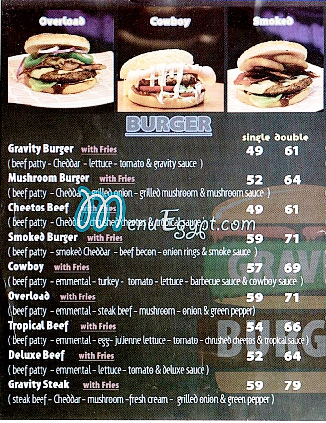 Gravity Burger menu Egypt