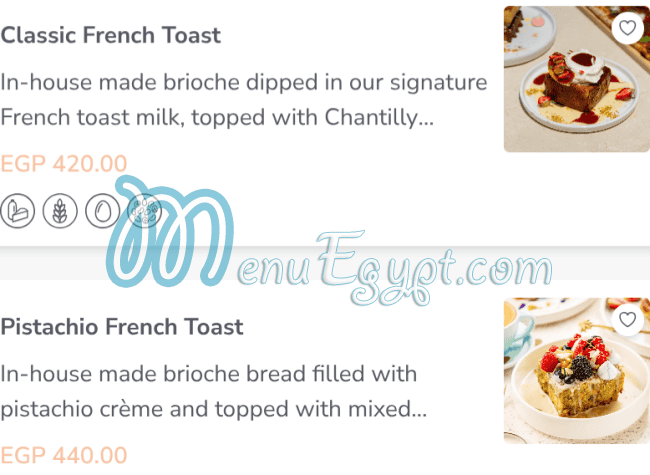 Brunch and Cake menu prices