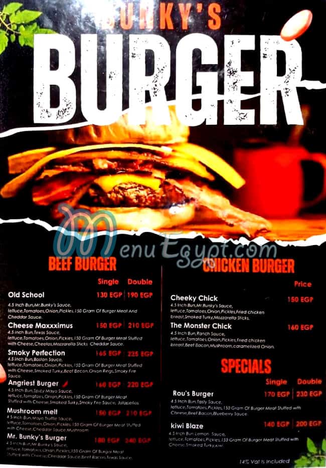 Bunkys Burger menu