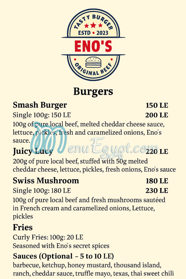 Eno's Burger menu