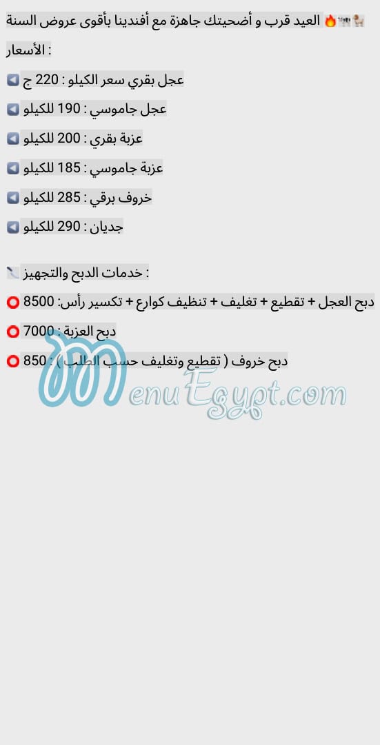 منيو جزارة افندينا