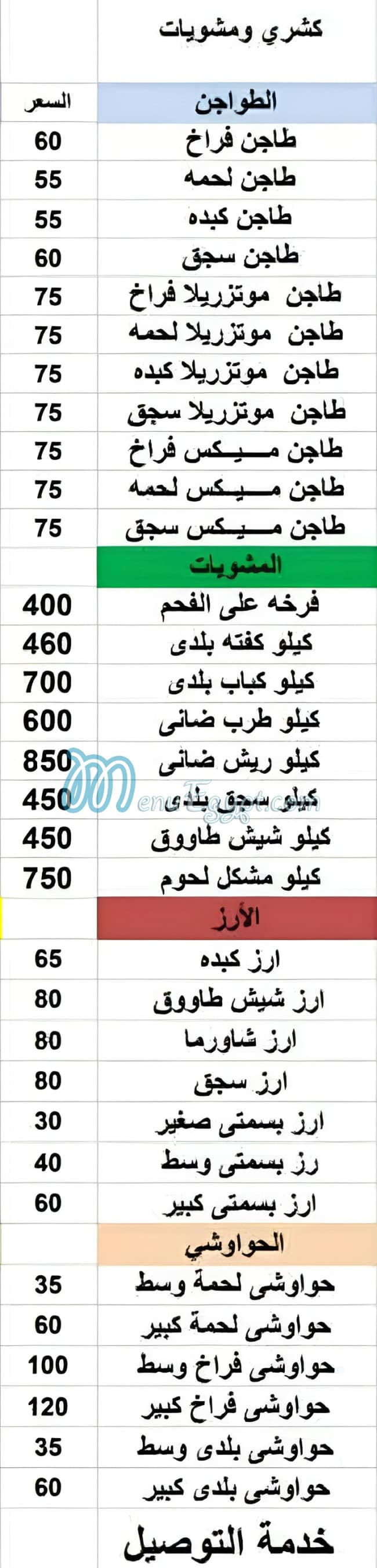 Koshary We Mashwyat El Shikh online menu
