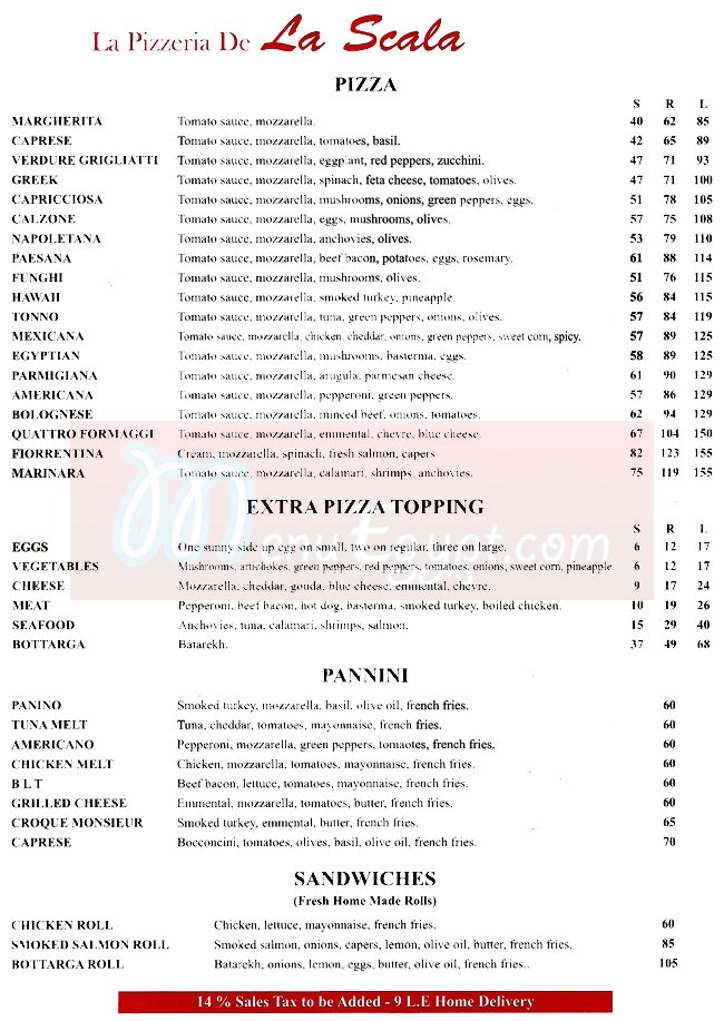 La Pizzeria De La Scala menu