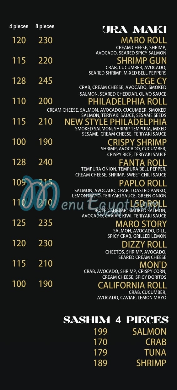 Maro Sushi menu