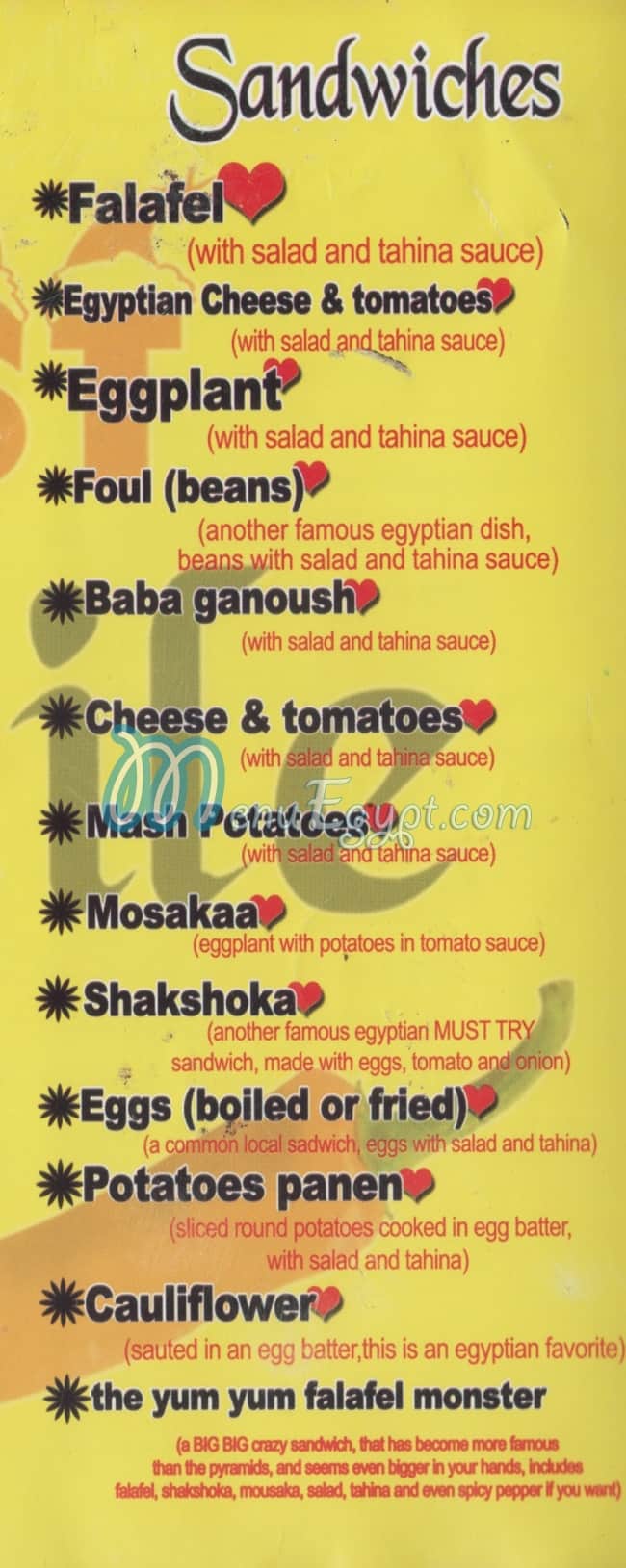 Yum Yum -Dahab menu Egypt